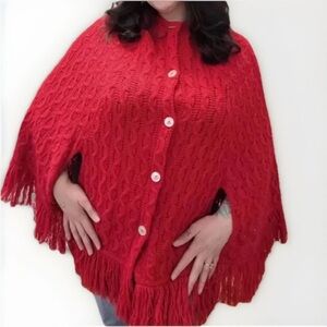 Montgomery Ward Button Up Acrylic Knit Poncho Fringe Red Vtg 70's Sweater Shawl
